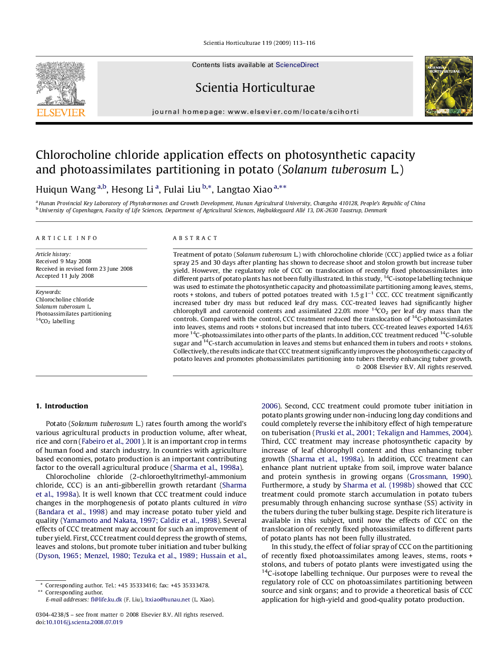 Chlorocholine chloride application effects on photosynthetic capacity and photoassimilates partitioning in potato (Solanum tuberosum L.)