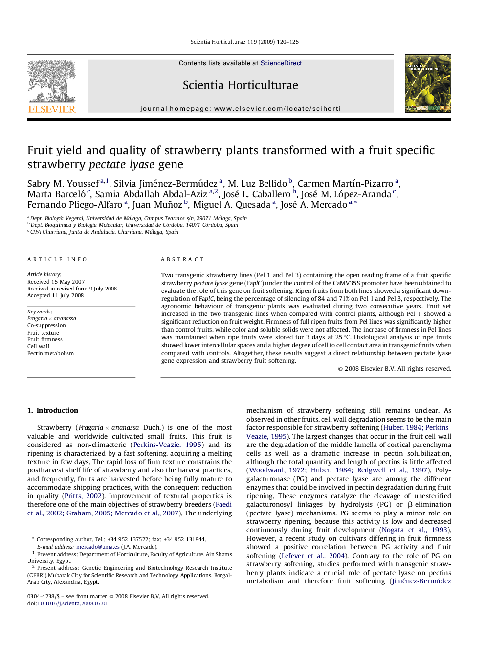 Fruit yield and quality of strawberry plants transformed with a fruit specific strawberry pectate lyase gene