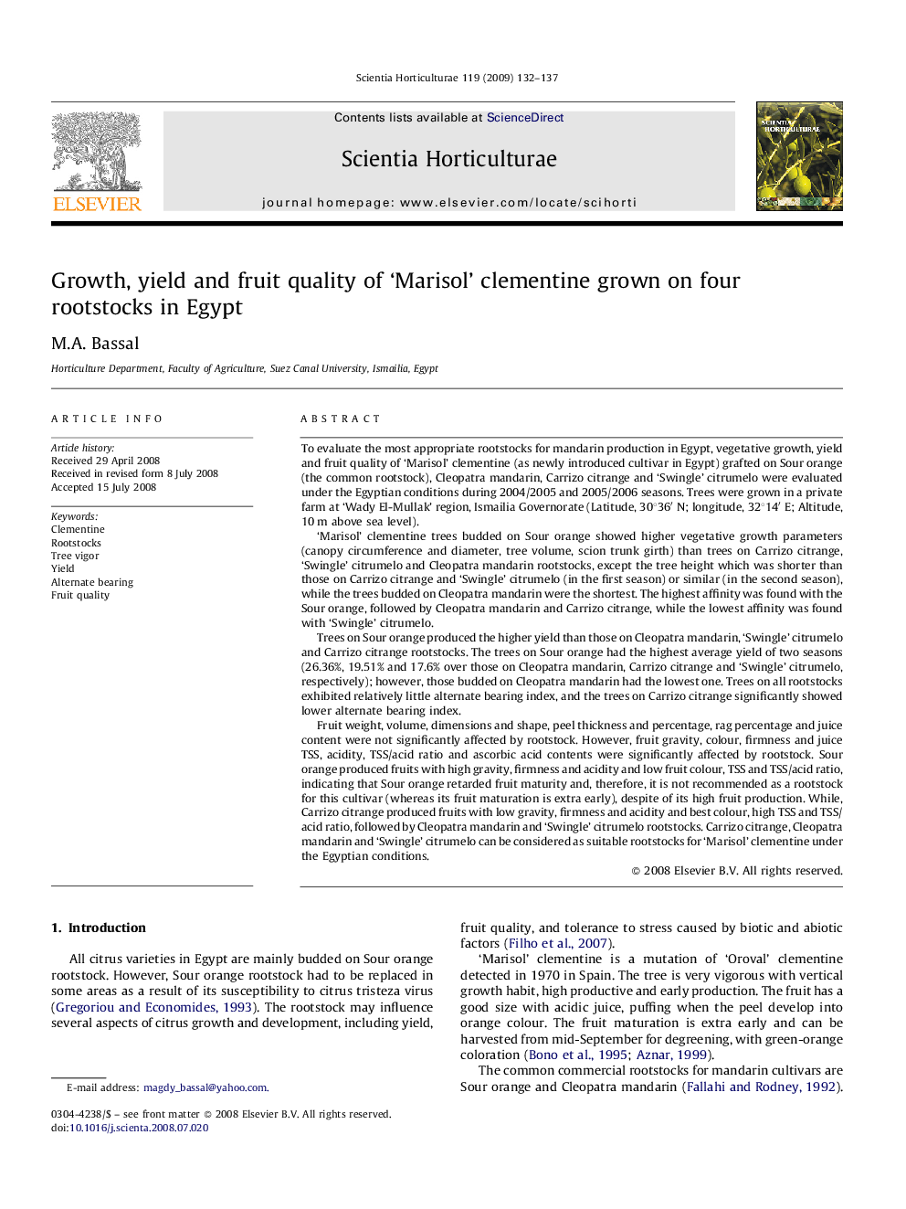 Growth, yield and fruit quality of ‘Marisol’ clementine grown on four rootstocks in Egypt