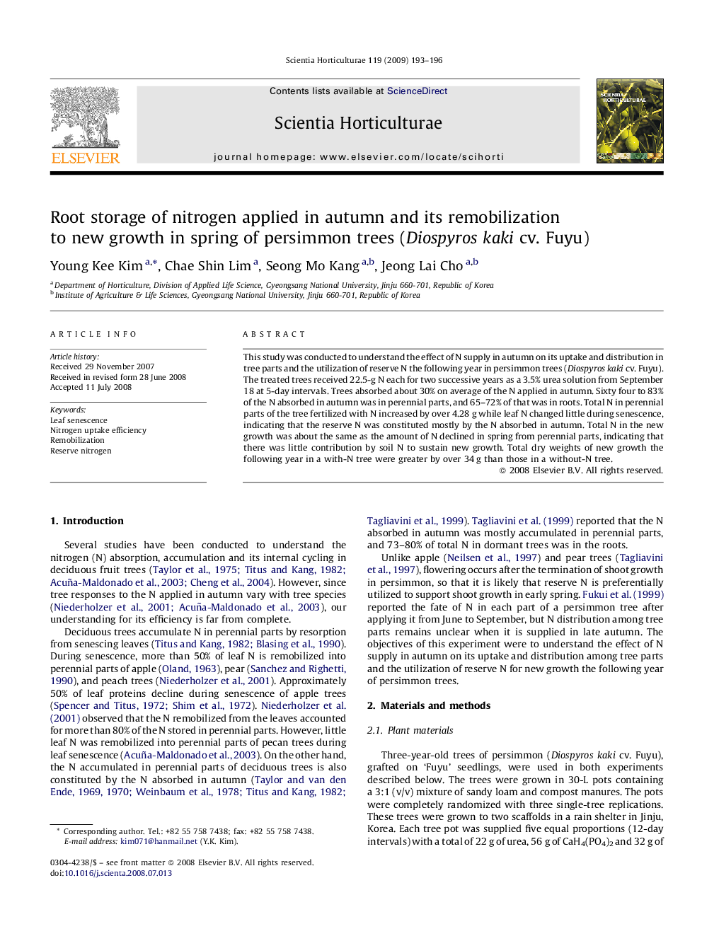 Root storage of nitrogen applied in autumn and its remobilization to new growth in spring of persimmon trees (Diospyros kaki cv. Fuyu)