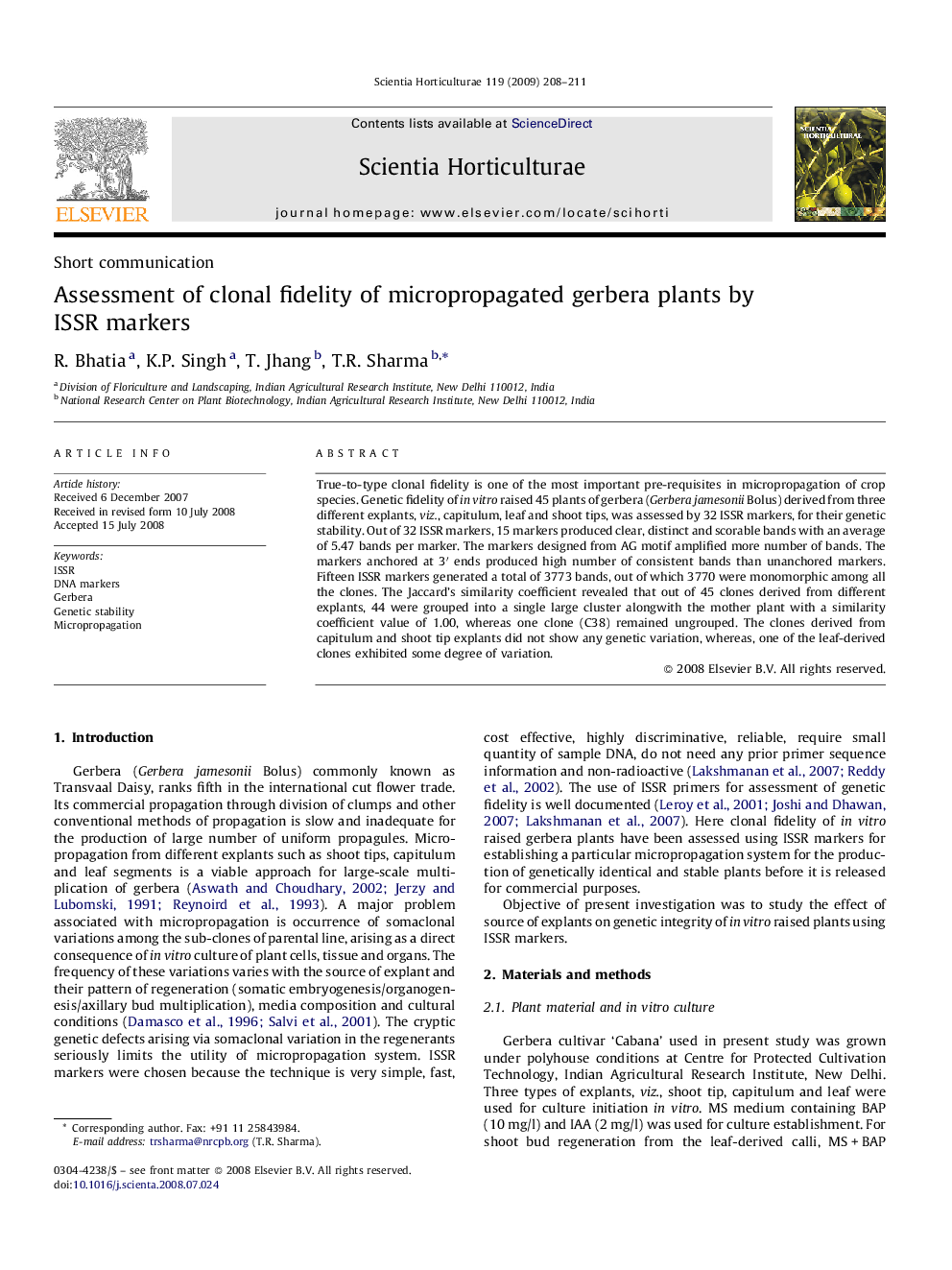 Assessment of clonal fidelity of micropropagated gerbera plants by ISSR markers