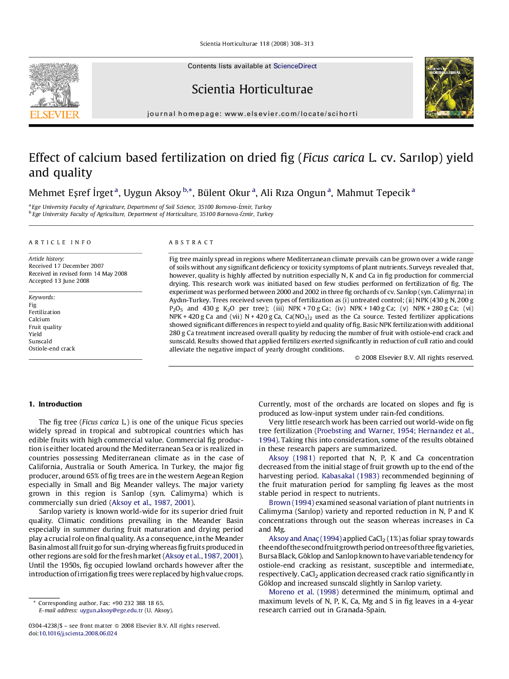 Effect of calcium based fertilization on dried fig (Ficus carica L. cv. Sarılop) yield and quality