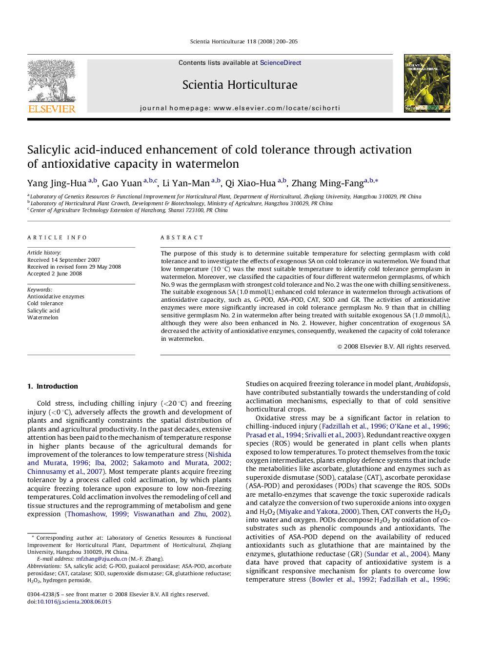 Salicylic acid-induced enhancement of cold tolerance through activation of antioxidative capacity in watermelon