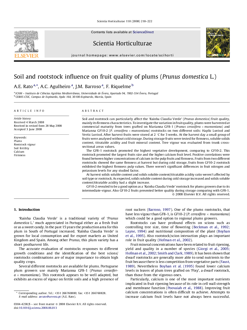 Soil and rootstock influence on fruit quality of plums (Prunus domestica L.)