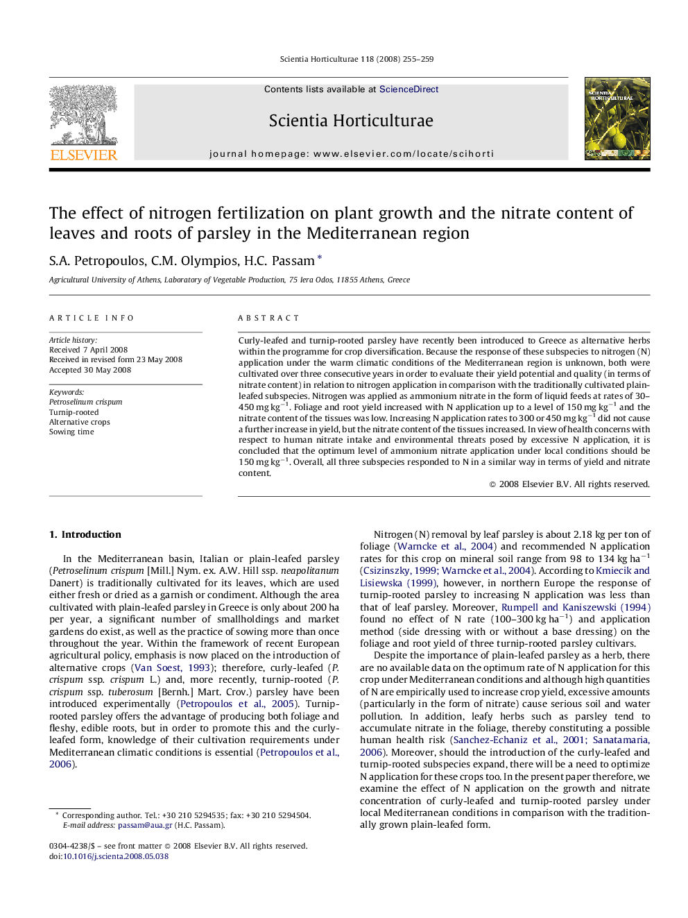 The effect of nitrogen fertilization on plant growth and the nitrate content of leaves and roots of parsley in the Mediterranean region