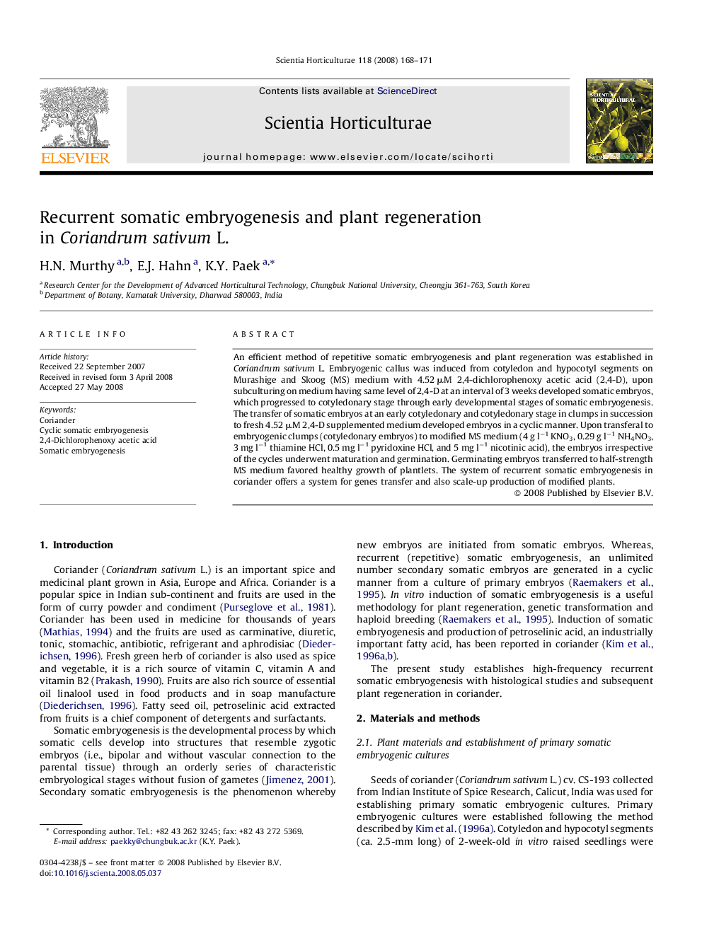 Recurrent somatic embryogenesis and plant regeneration in Coriandrum sativum L.