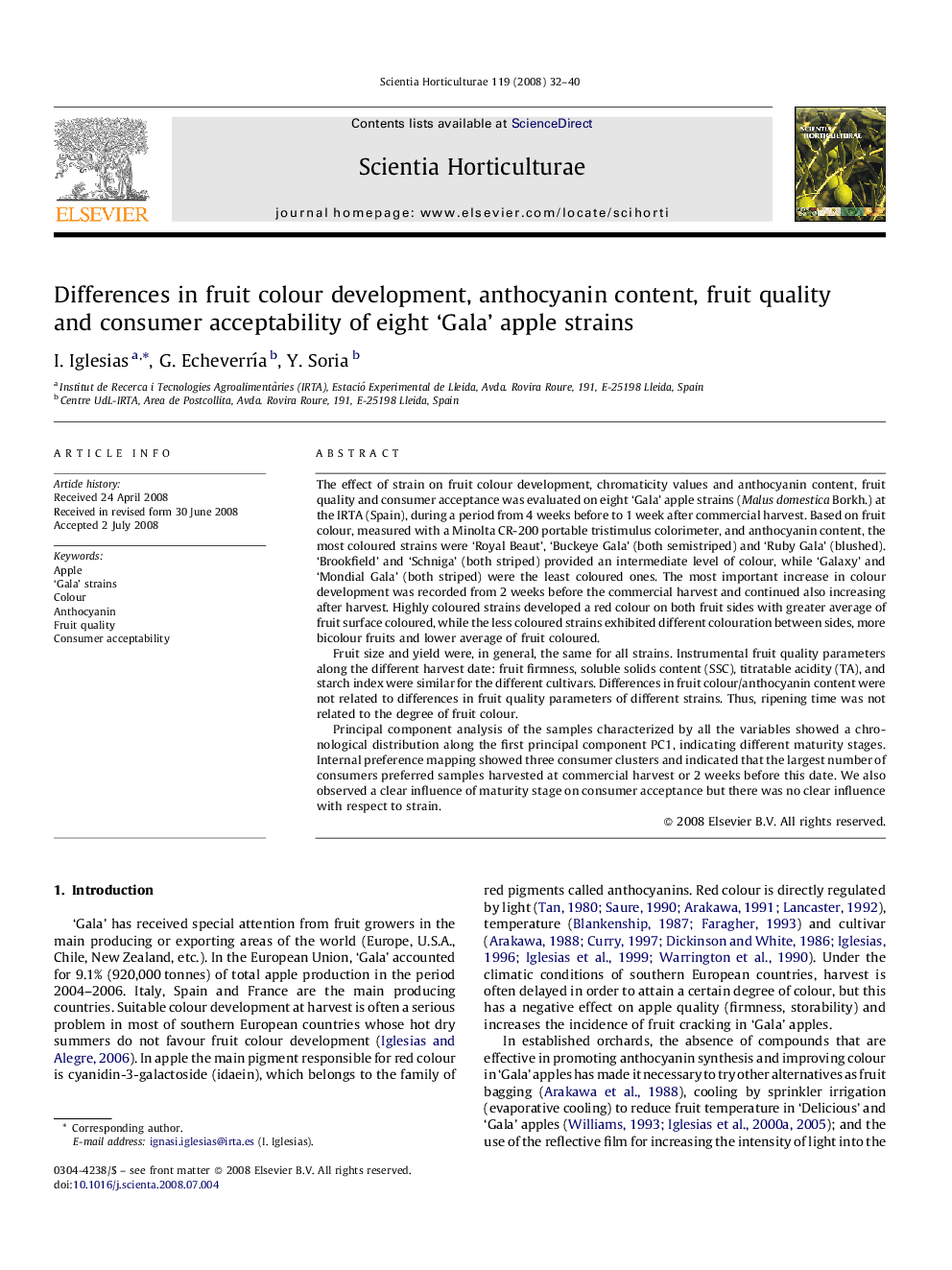 Differences in fruit colour development, anthocyanin content, fruit quality and consumer acceptability of eight ‘Gala’ apple strains