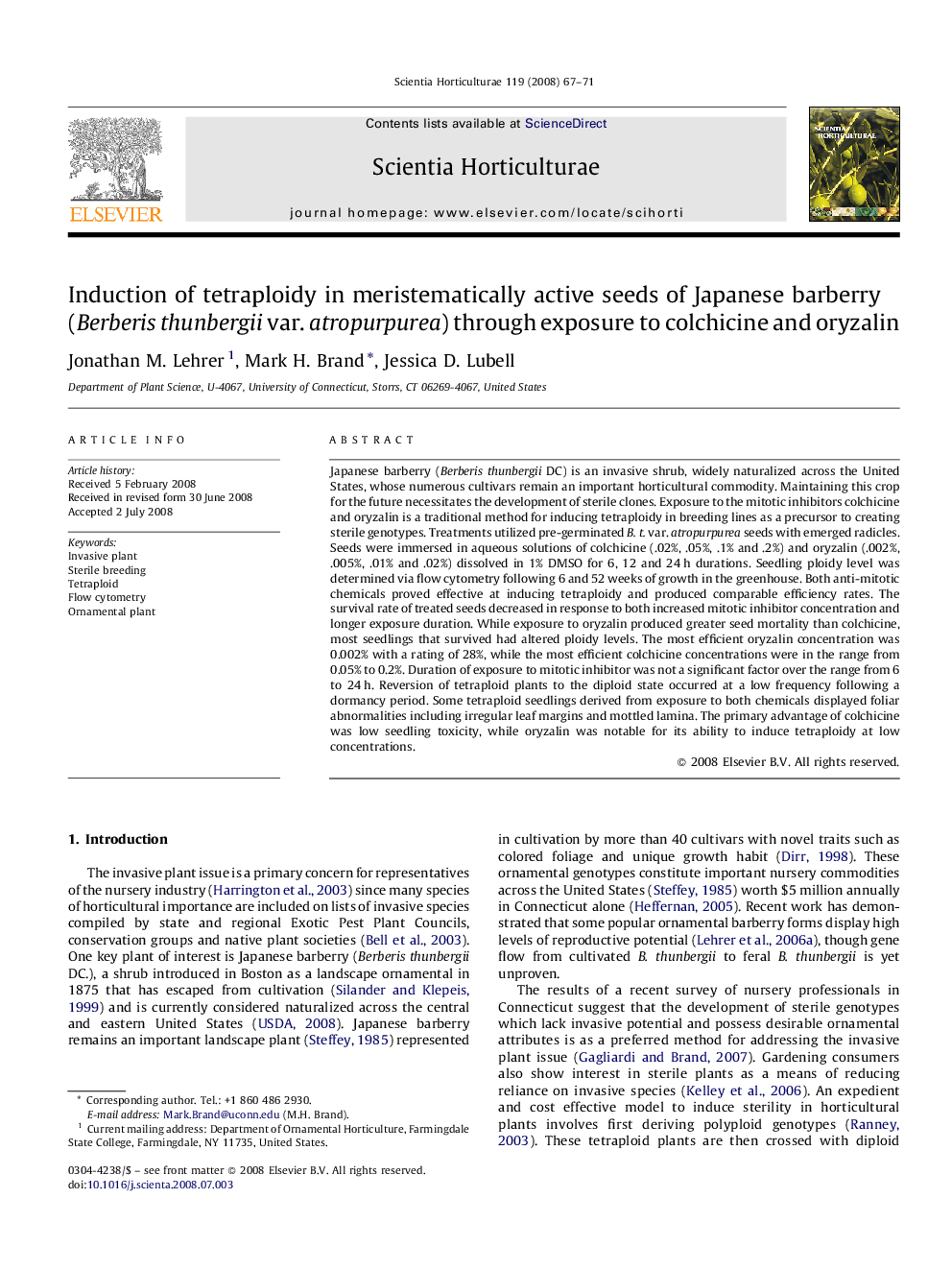 Induction of tetraploidy in meristematically active seeds of Japanese barberry (Berberis thunbergii var. atropurpurea) through exposure to colchicine and oryzalin