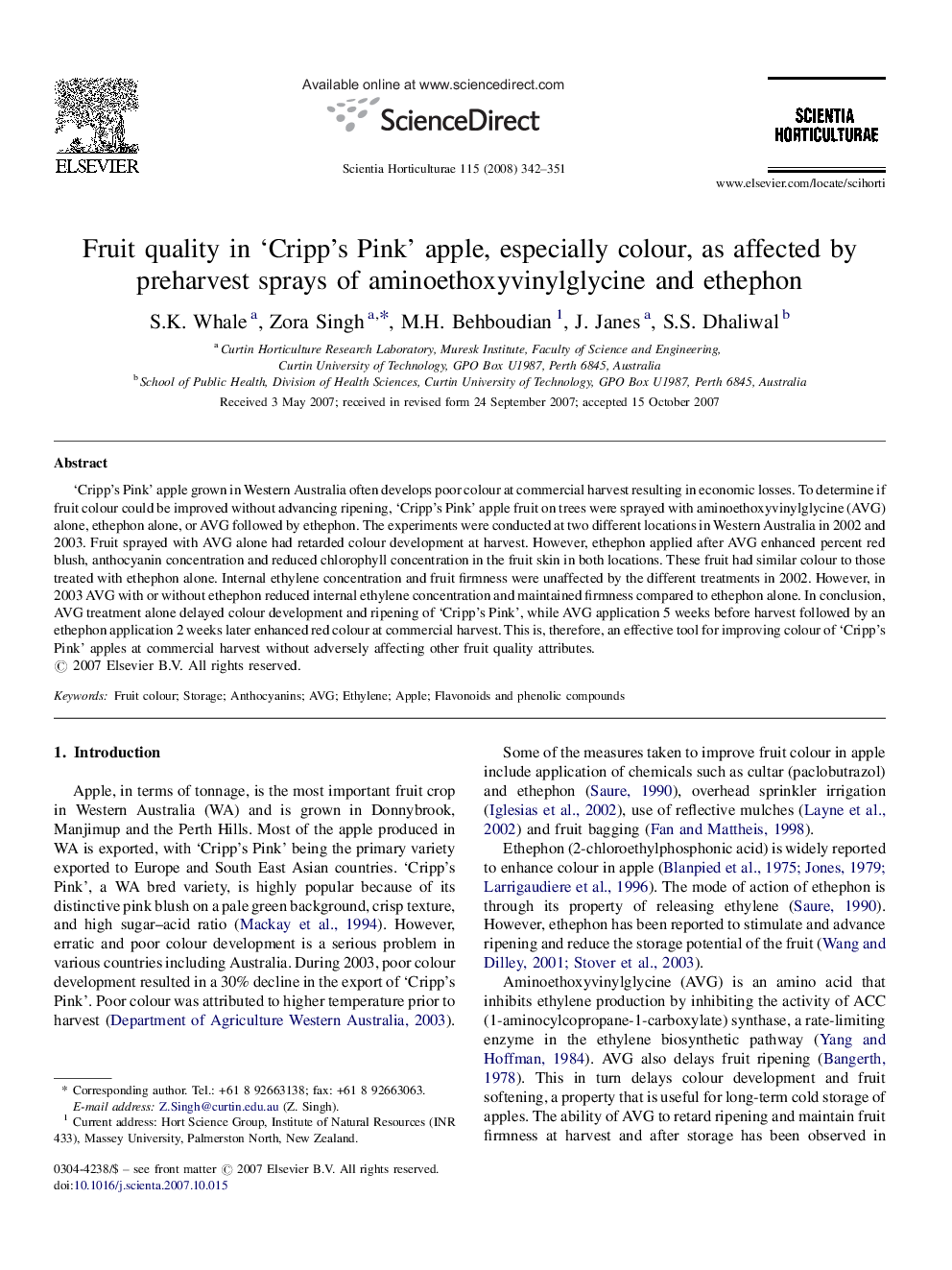 Fruit quality in ‘Cripp's Pink’ apple, especially colour, as affected by preharvest sprays of aminoethoxyvinylglycine and ethephon