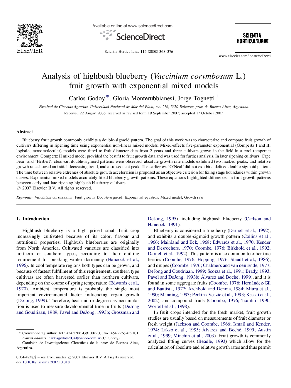 Analysis of highbush blueberry (Vaccinium corymbosum L.) fruit growth with exponential mixed models