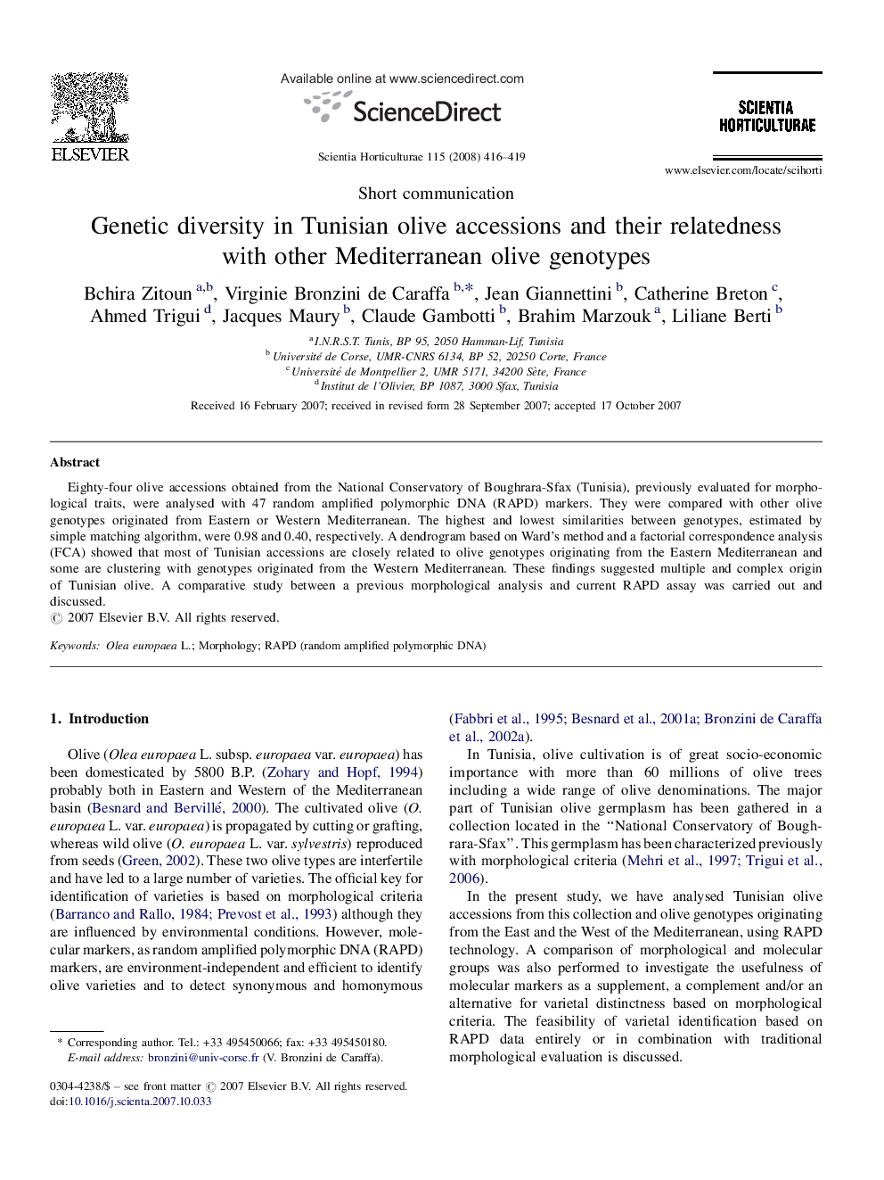 عکس صفحه اول مقاله: Genetic diversity in Tunisian olive accessions and their relatedness with other Mediterranean olive genotypes Genetic diversity in Tunisian olive accessions and their relatedness with other Mediterranean olive genotypes
