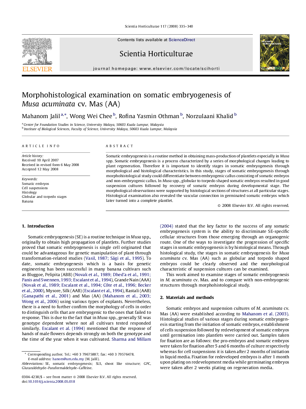 Morphohistological examination on somatic embryogenesis of Musa acuminata cv. Mas (AA)