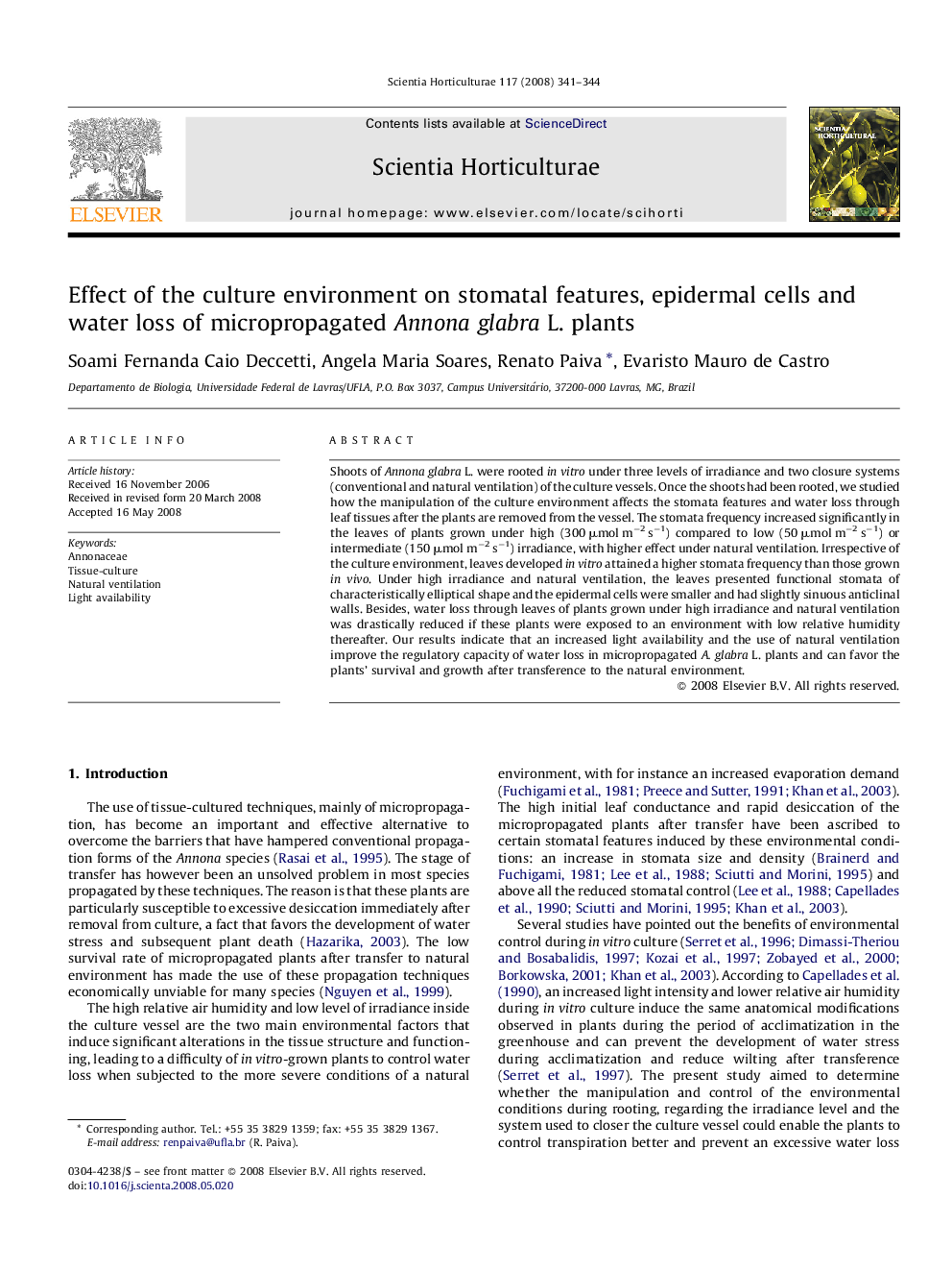 عکس صفحه اول مقاله: Effect of the culture environment on stomatal features, epidermal cells and water loss of micropropagated Annona glabra L. plants Effect of the culture environment on stomatal features, epidermal cells and water loss of micropropagated Annona glabra L. plants