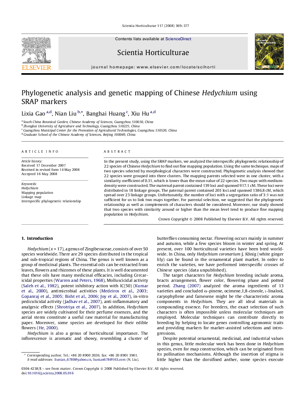عکس صفحه اول مقاله: Phylogenetic analysis and genetic mapping of Chinese Hedychium using SRAP markers Phylogenetic analysis and genetic mapping of Chinese Hedychium using SRAP markers