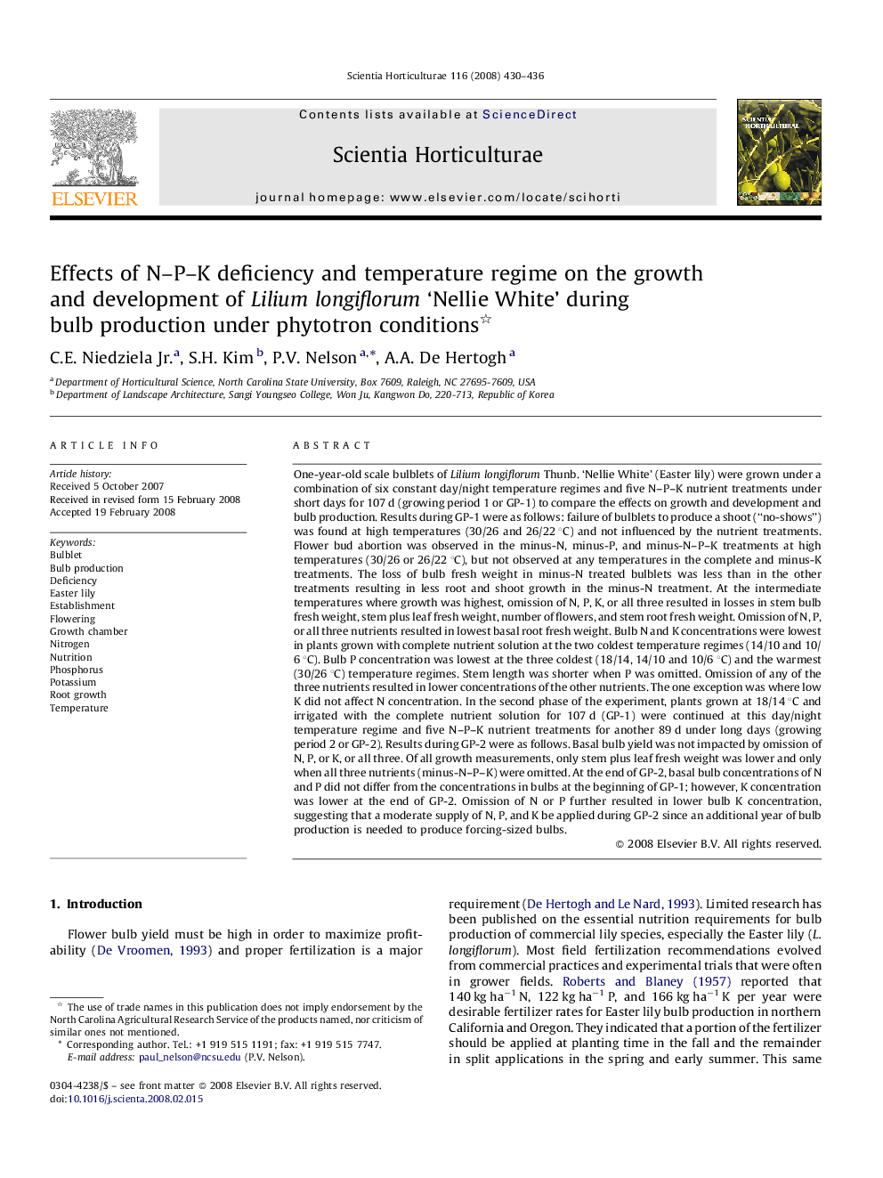 Effects of N-P-K deficiency and temperature regime on the growth and development of Lilium longiflorum 'Nellie White' during bulb production under phytotron conditions