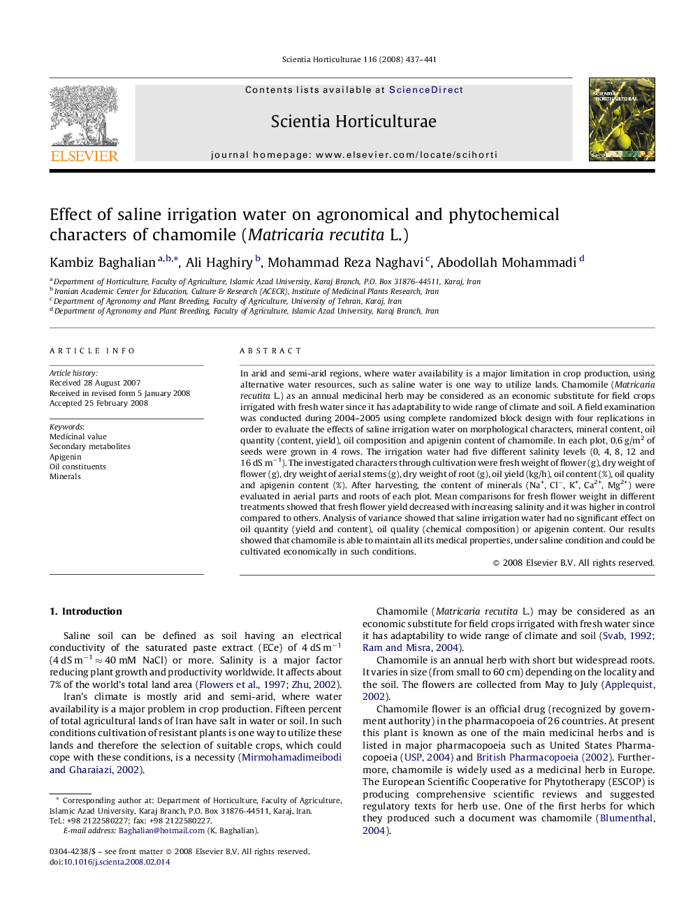 Effect of saline irrigation water on agronomical and phytochemical characters of chamomile (Matricaria recutita L.)