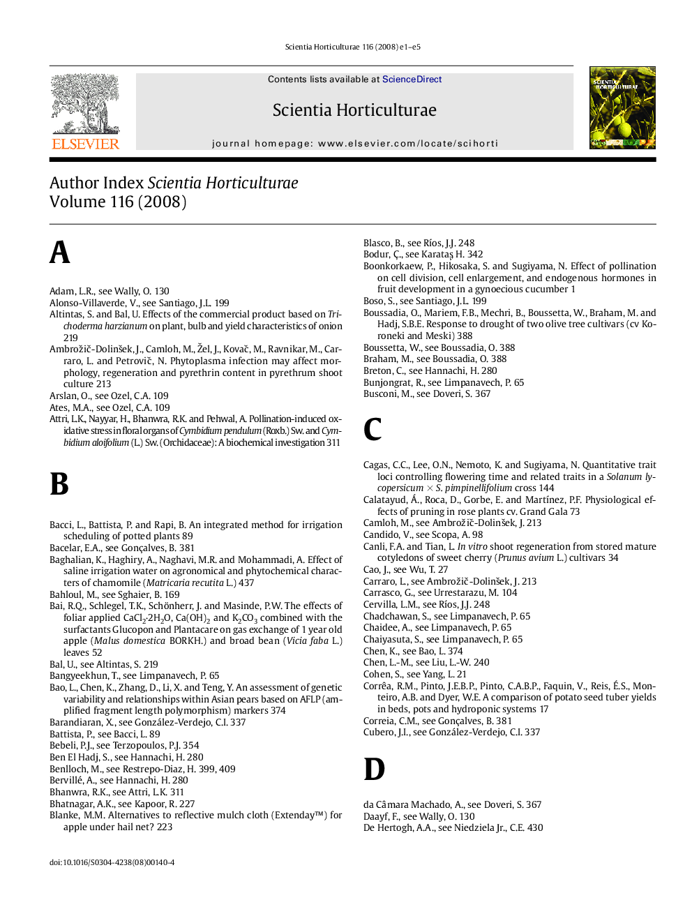 عکس صفحه اول مقاله: Author Index Scientia Horticulturae Volume 116 Author Index Scientia Horticulturae Volume 116