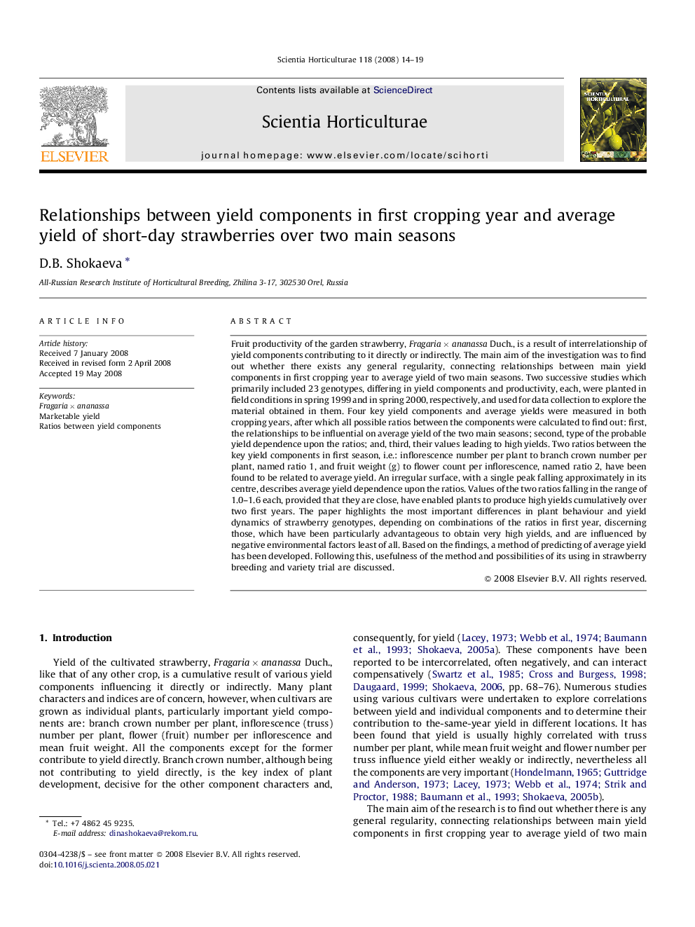 Relationships between yield components in first cropping year and average yield of short-day strawberries over two main seasons