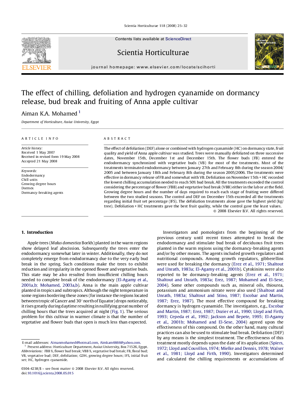 The effect of chilling, defoliation and hydrogen cyanamide on dormancy release, bud break and fruiting of Anna apple cultivar