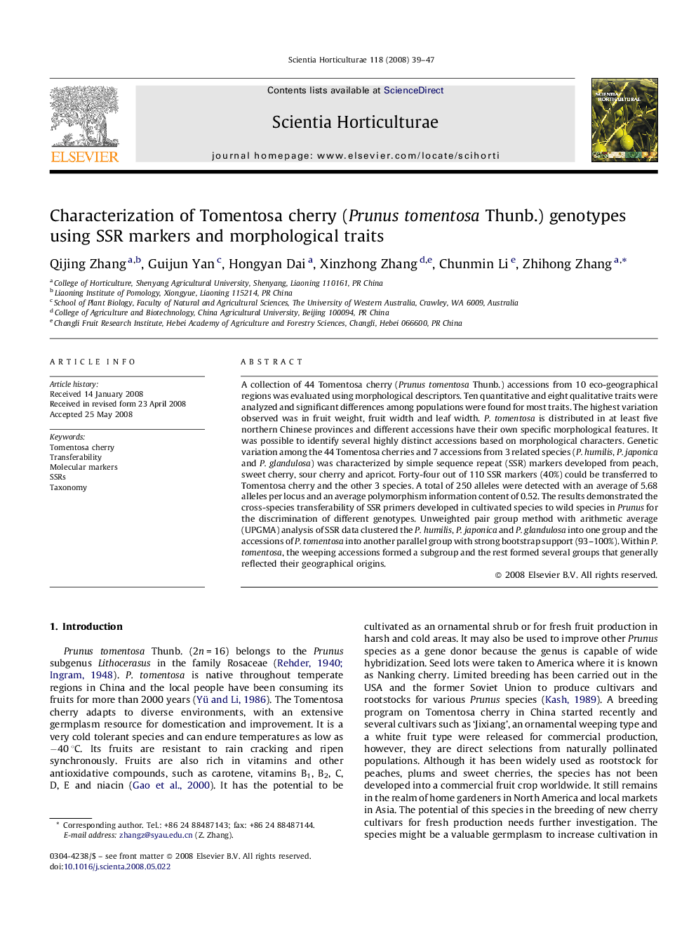 Characterization of Tomentosa cherry (Prunus tomentosa Thunb.) genotypes using SSR markers and morphological traits