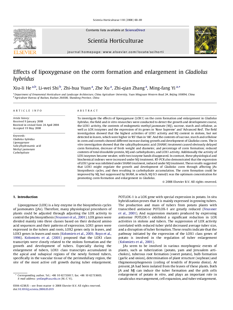 Effects of lipoxygenase on the corm formation and enlargement in Gladiolus hybridus