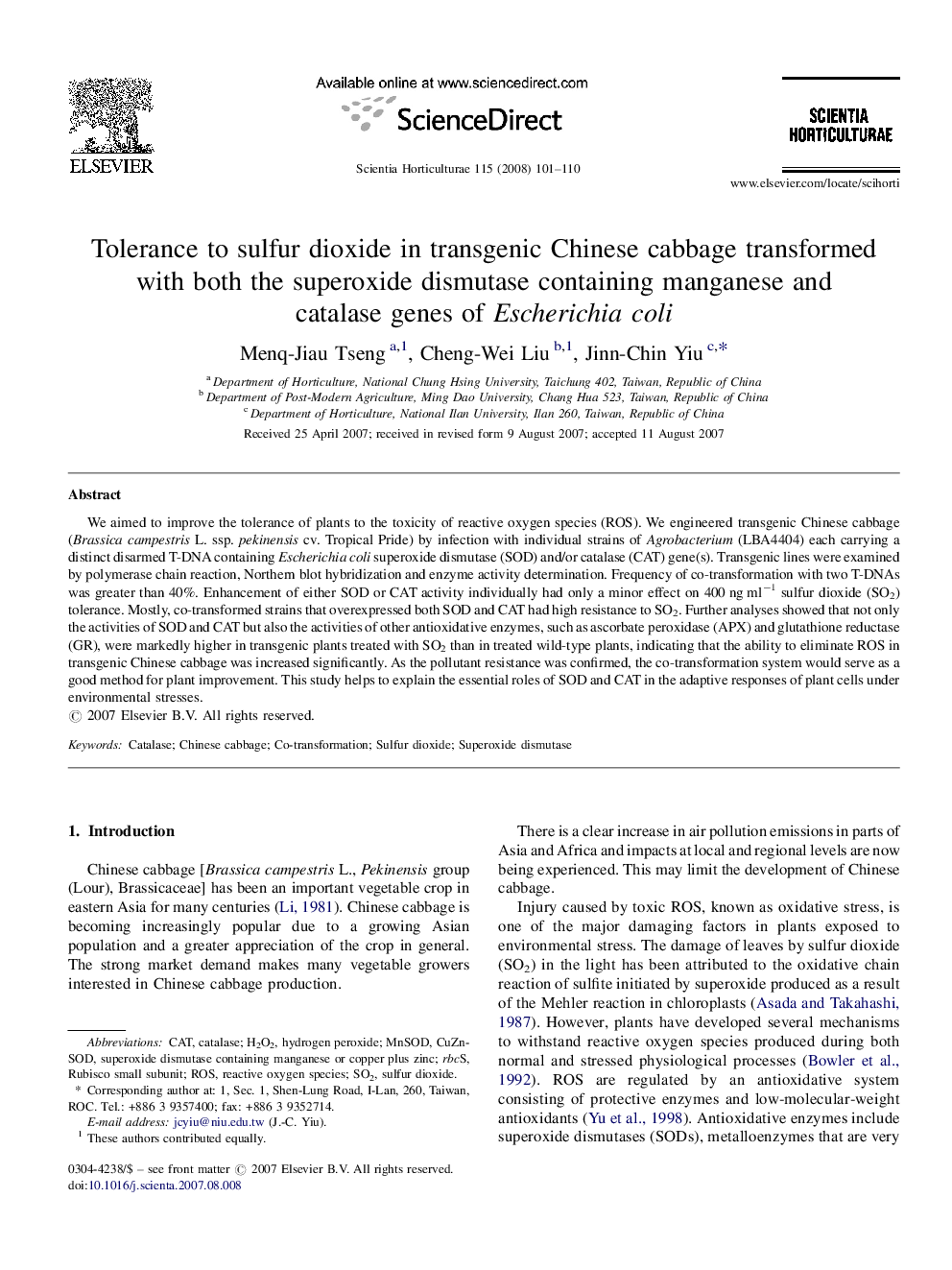 Tolerance to sulfur dioxide in transgenic Chinese cabbage transformed with both the superoxide dismutase containing manganese and catalase genes of Escherichia coli