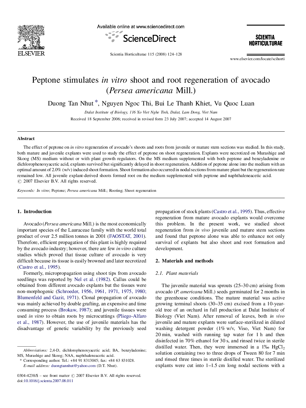 Peptone stimulates in vitro shoot and root regeneration of avocado (Persea americana Mill.)