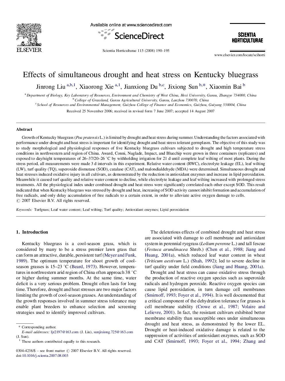 Effects of simultaneous drought and heat stress on Kentucky bluegrass