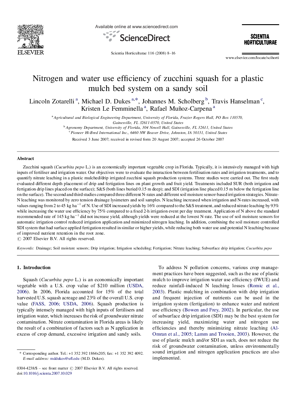 Nitrogen and water use efficiency of zucchini squash for a plastic mulch bed system on a sandy soil