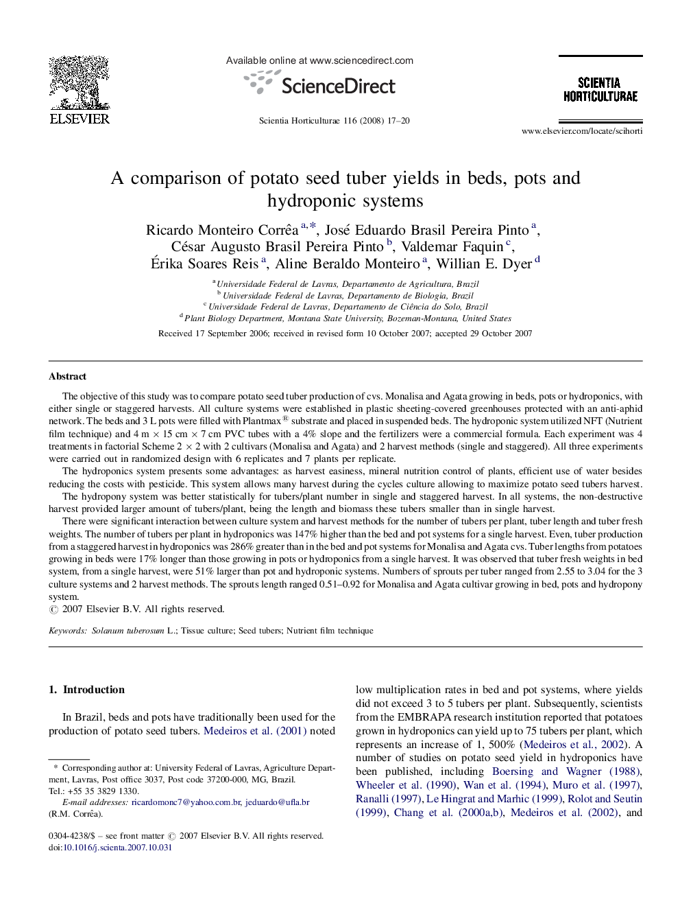 A comparison of potato seed tuber yields in beds, pots and hydroponic systems