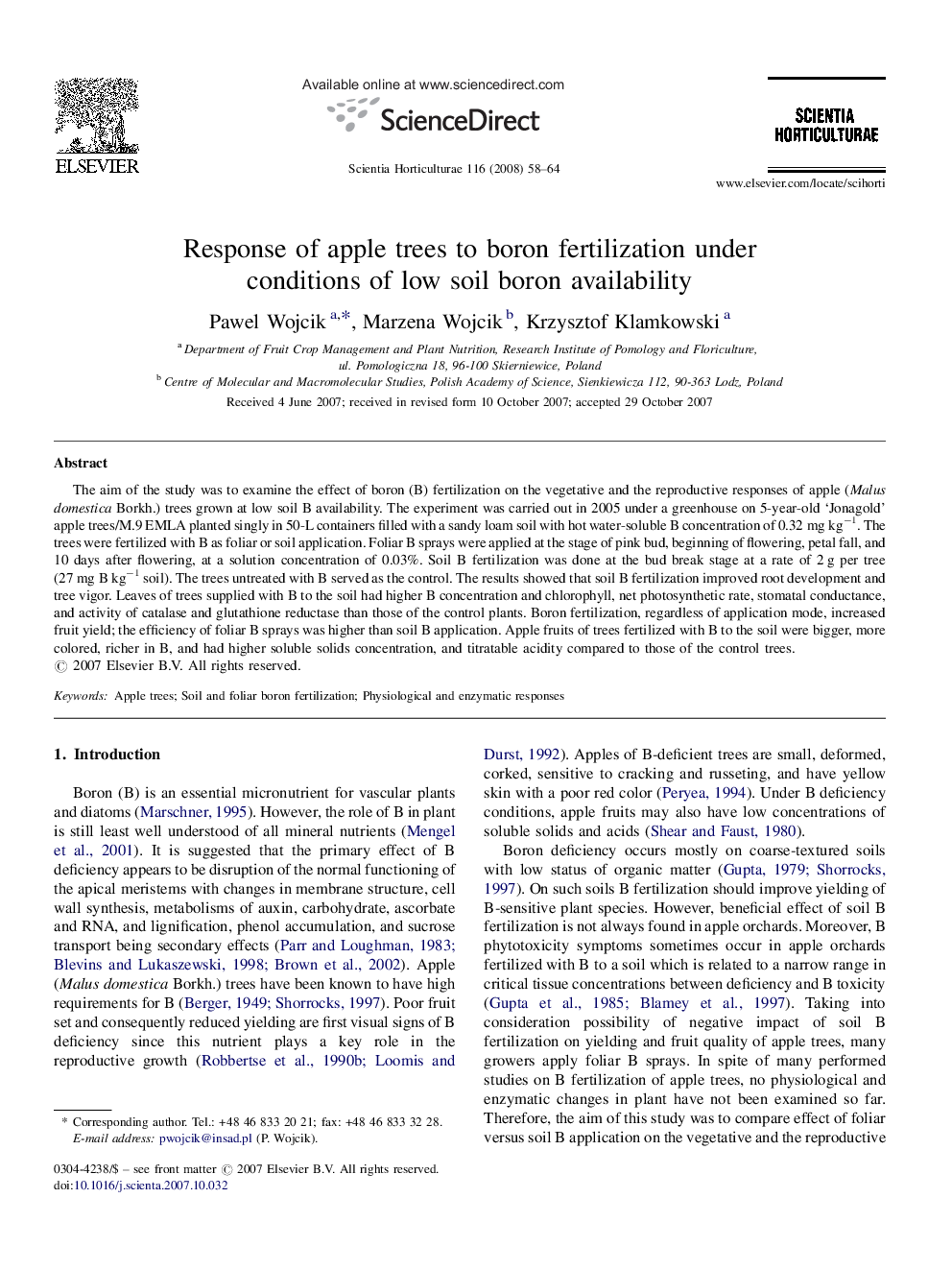 Response of apple trees to boron fertilization under conditions of low soil boron availability