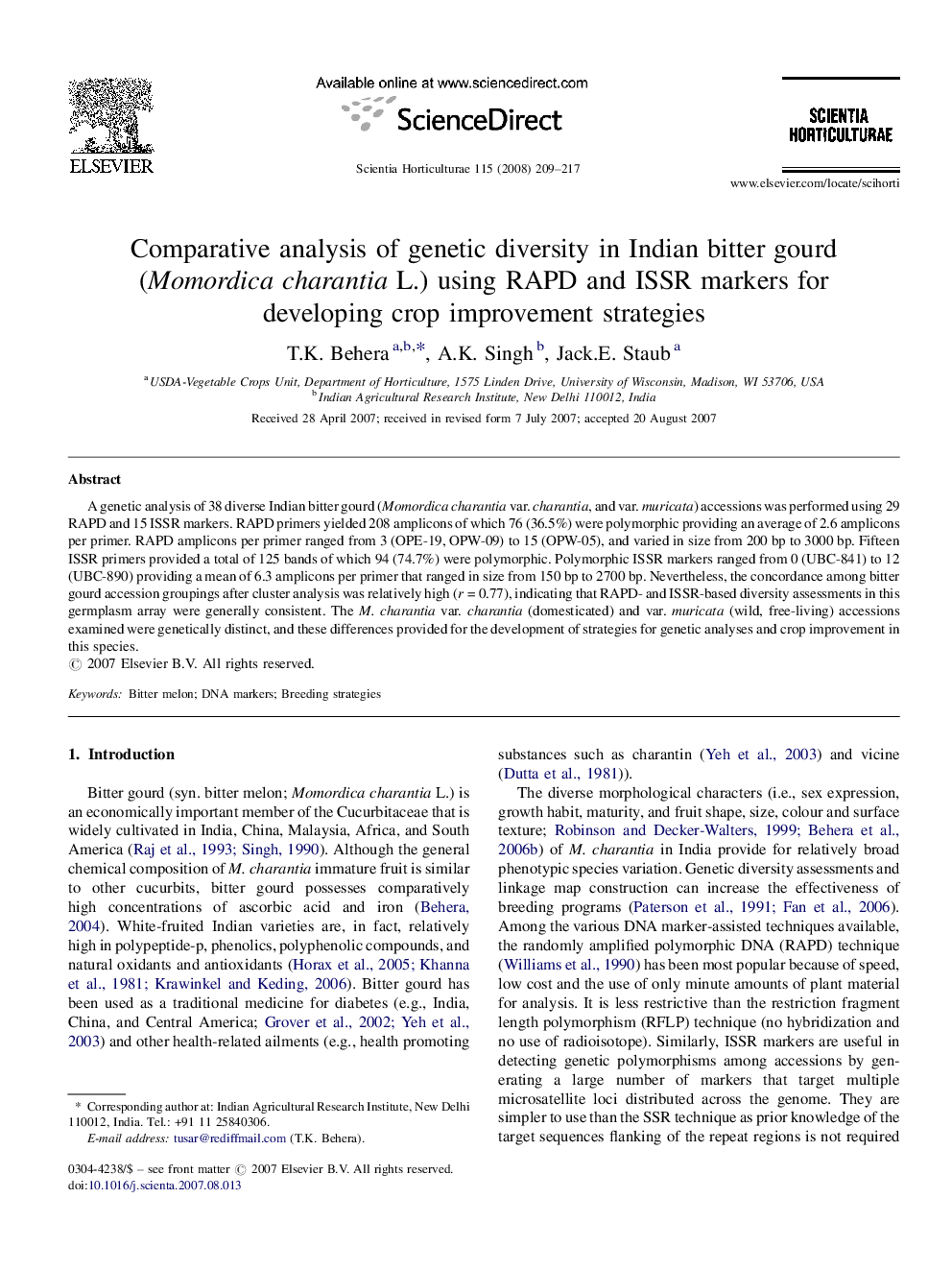 Comparative analysis of genetic diversity in Indian bitter gourd (Momordica charantia L.) using RAPD and ISSR markers for developing crop improvement strategies