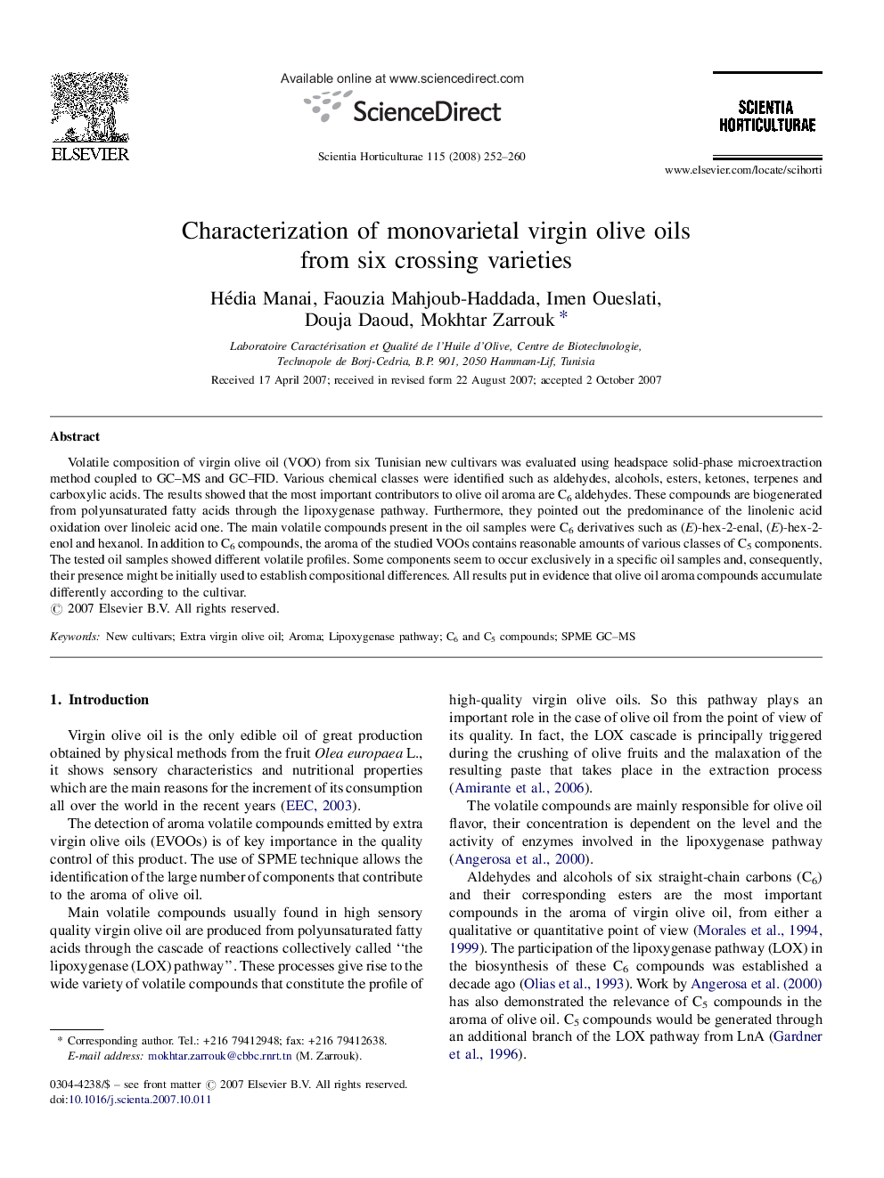 Characterization of monovarietal virgin olive oils from six crossing varieties