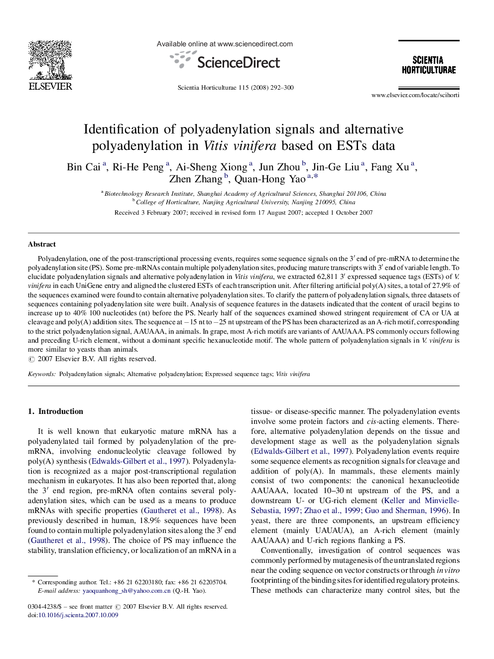 Identification of polyadenylation signals and alternative polyadenylation in Vitis vinifera based on ESTs data