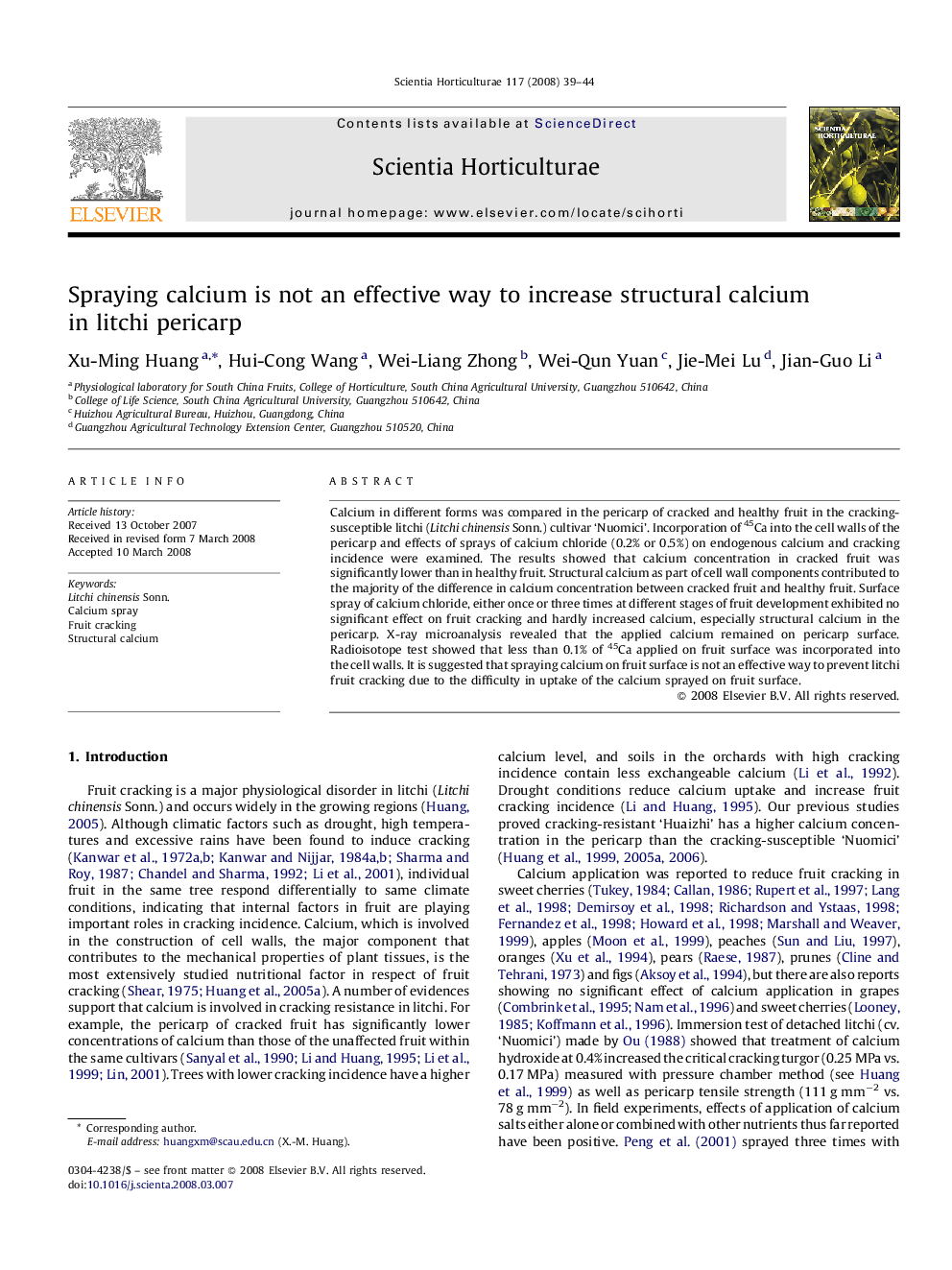 Spraying calcium is not an effective way to increase structural calcium in litchi pericarp