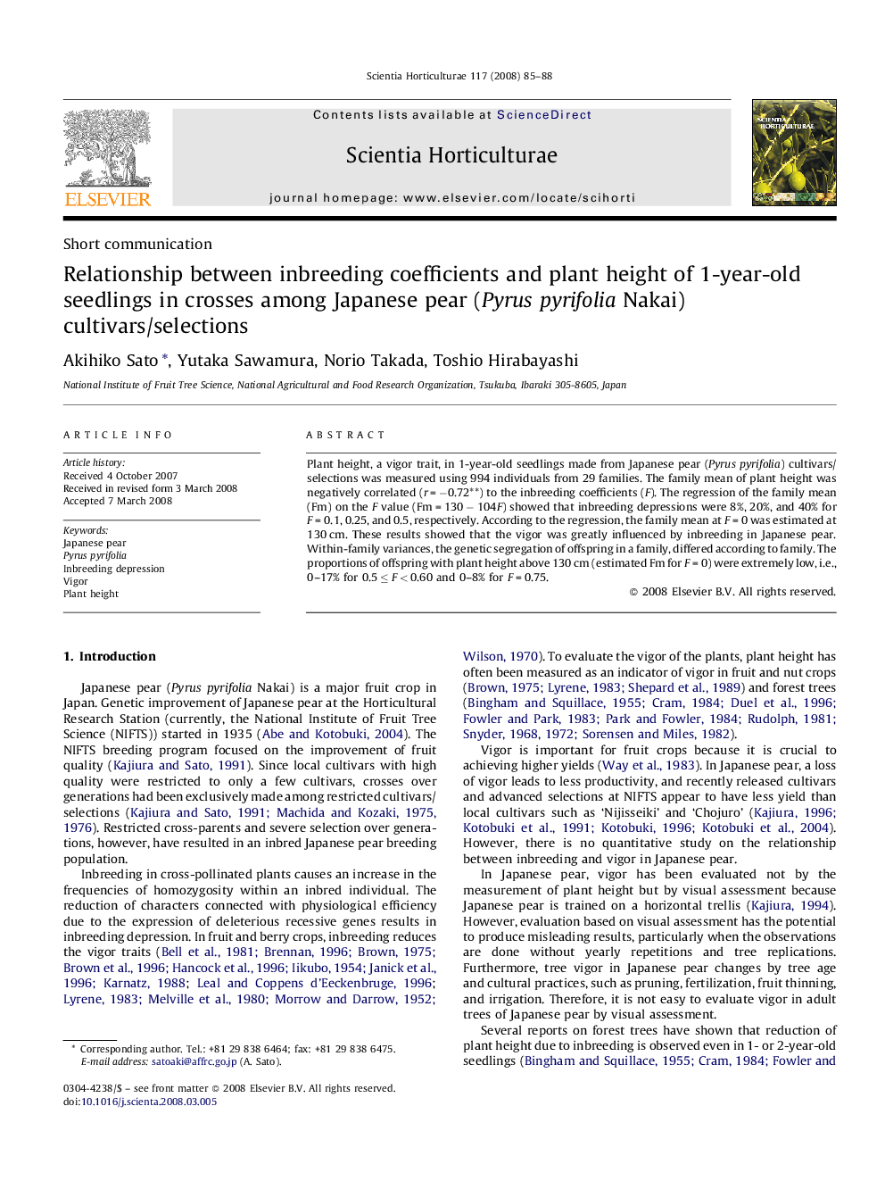 عکس صفحه اول مقاله: Relationship between inbreeding coefficients and plant height of 1-year-old seedlings in crosses among Japanese pear (Pyrus pyrifolia Nakai) cultivars/selections Relationship between inbreeding coefficients and plant height of 1-year-old seedlings in crosses among Japanese pear (Pyrus pyrifolia Nakai) cultivars/selections