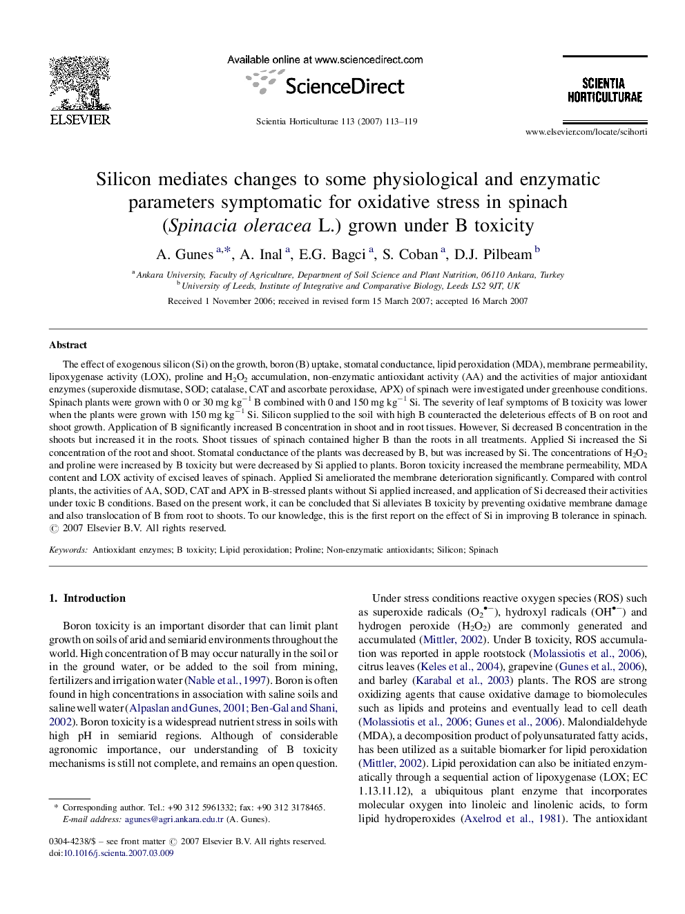 عکس صفحه اول مقاله: Silicon mediates changes to some physiological and enzymatic parameters symptomatic for oxidative stress in spinach (Spinacia oleracea L.) grown under B toxicity Silicon mediates changes to some physiological and enzymatic parameters symptomatic for oxidative stress in spinach (Spinacia oleracea L.) grown under B toxicity
