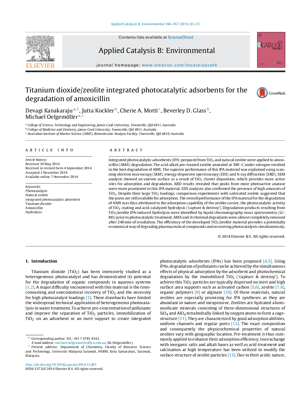 Titanium dioxide/zeolite integrated photocatalytic adsorbents for the degradation of amoxicillin