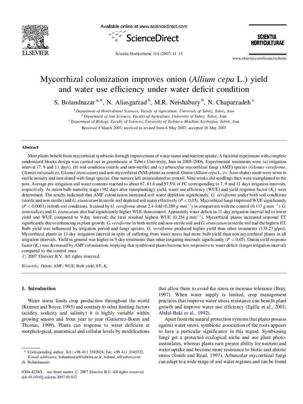 Mycorrhizal colonization improves onion (Allium cepa L.) yield and water use efficiency under water deficit condition