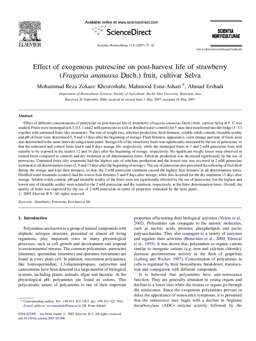 Effect of exogenous putrescine on post-harvest life of strawberry (Fragaria ananassa Duch.) fruit, cultivar Selva