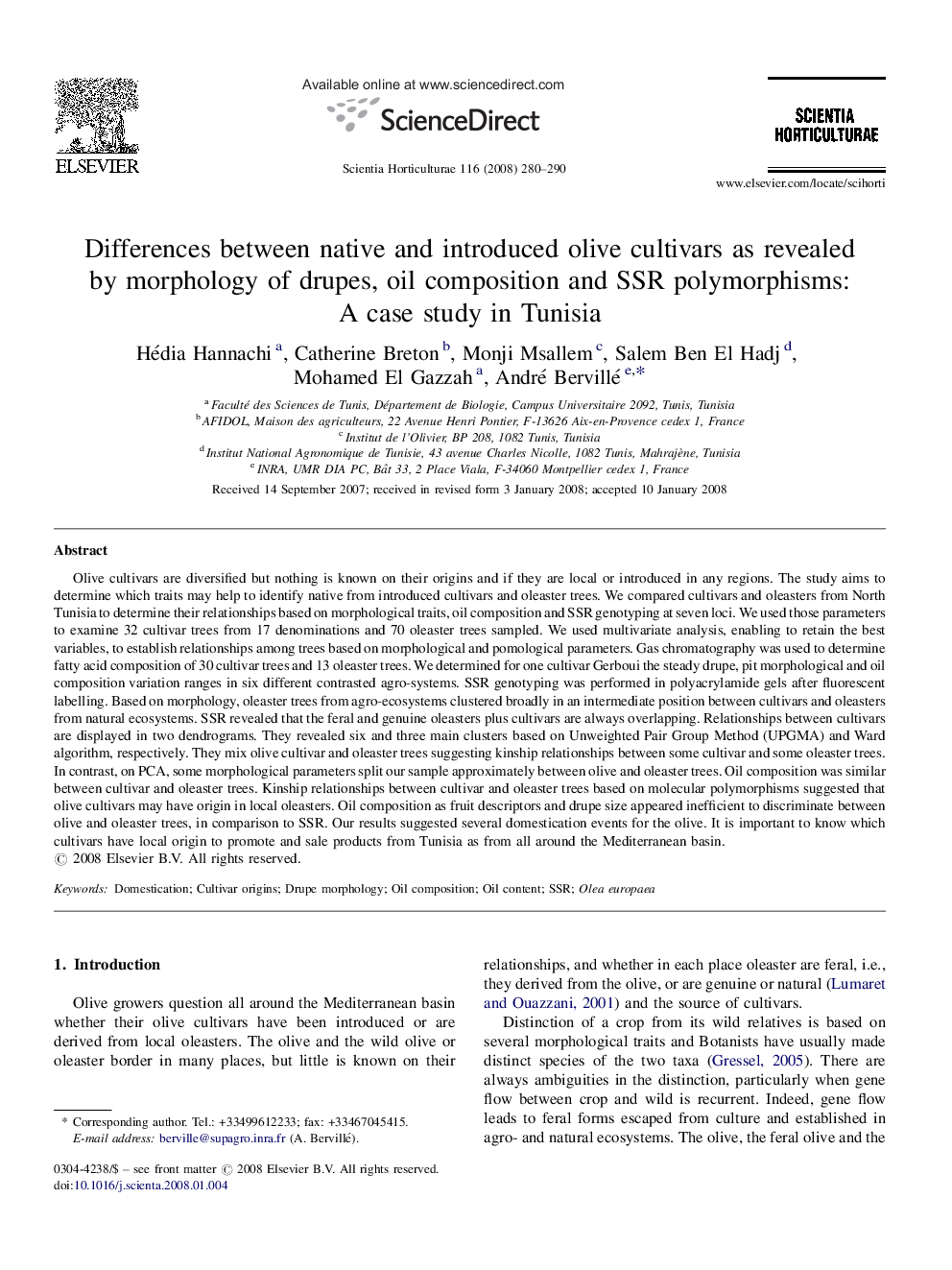 Differences between native and introduced olive cultivars as revealed by morphology of drupes, oil composition and SSR polymorphisms: A case study in Tunisia