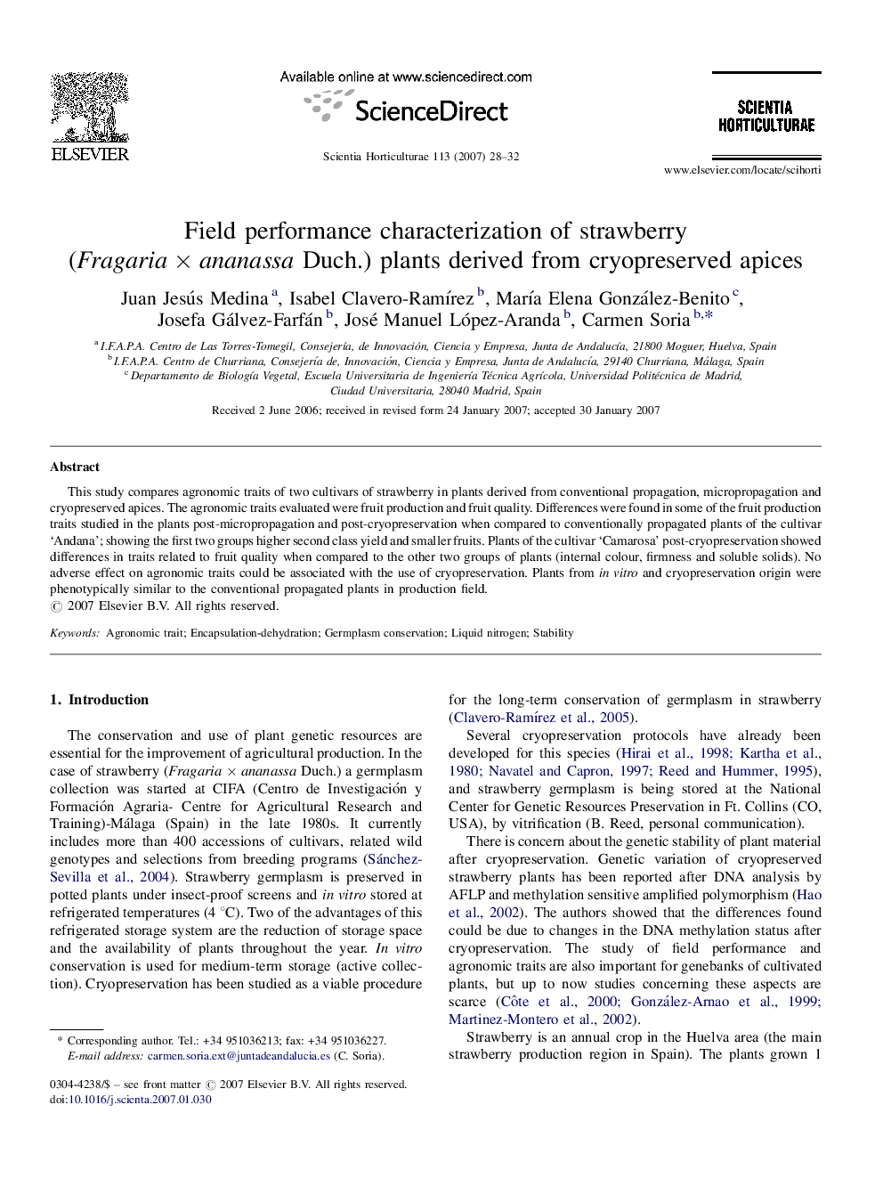 Field performance characterization of strawberry (Fragaria × ananassa Duch.) plants derived from cryopreserved apices