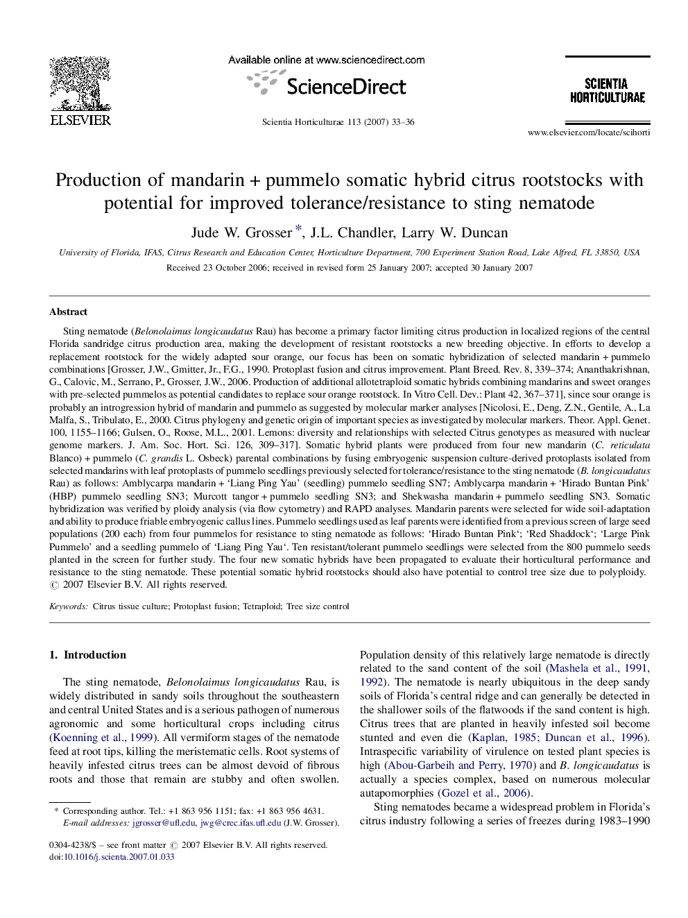 Production of mandarinÂ +Â pummelo somatic hybrid citrus rootstocks with potential for improved tolerance/resistance to sting nematode