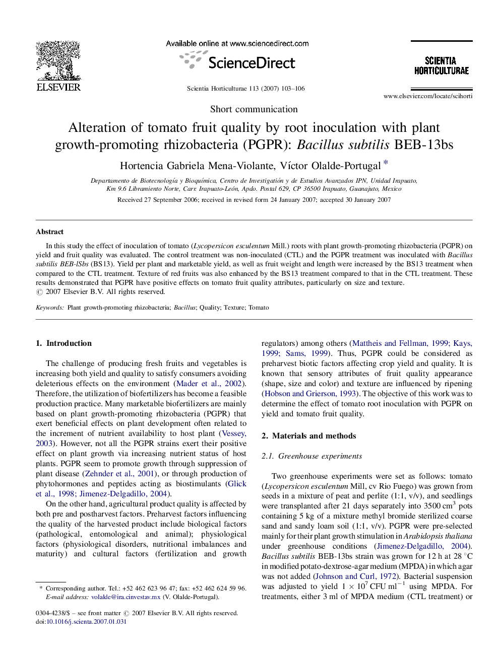 Alteration of tomato fruit quality by root inoculation with plant growth-promoting rhizobacteria (PGPR): Bacillus subtilis BEB-13bs