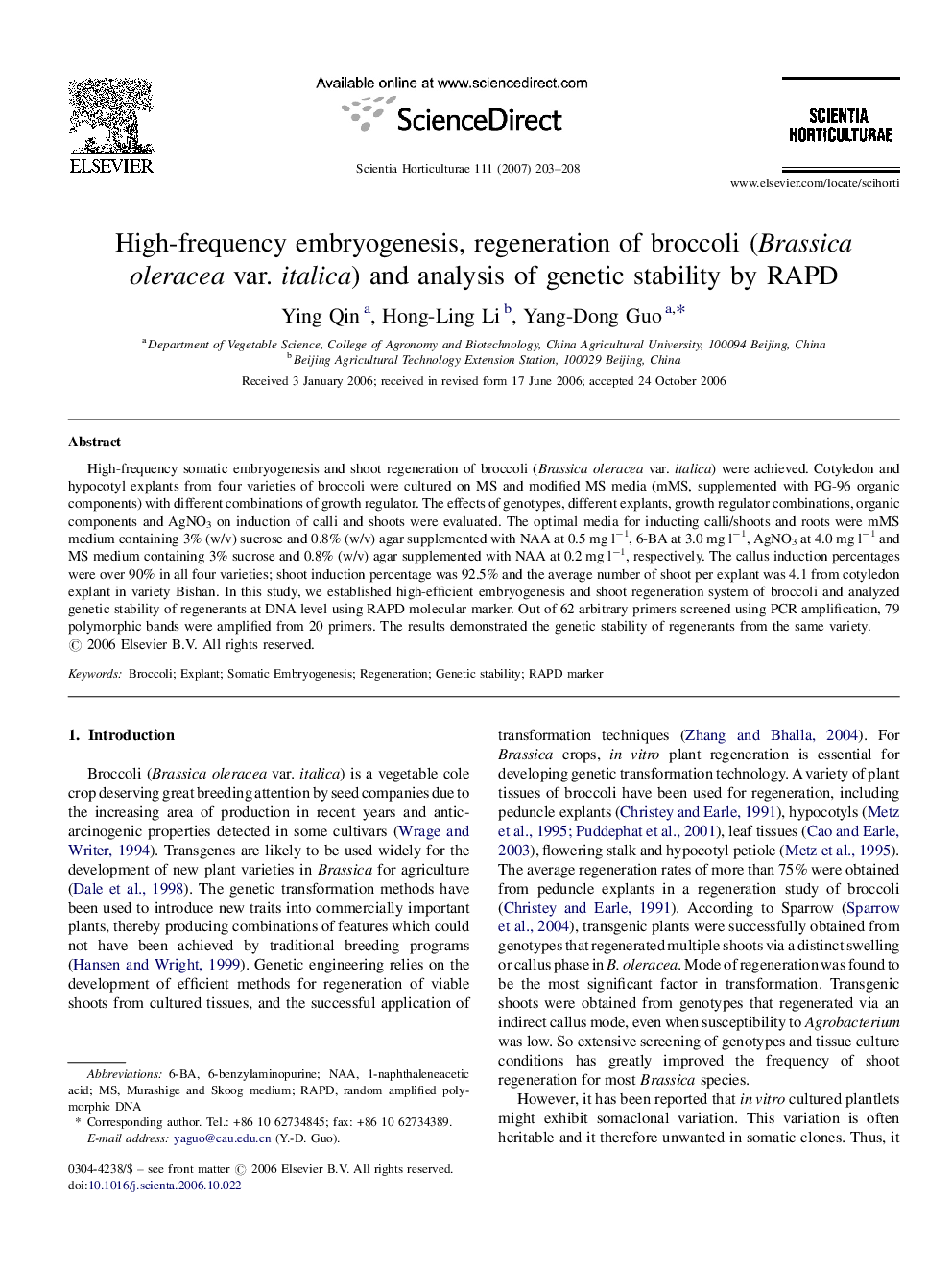 High-frequency embryogenesis, regeneration of broccoli (Brassica oleracea var. italica) and analysis of genetic stability by RAPD