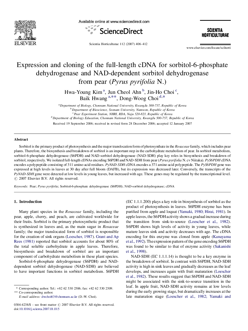 Expression and cloning of the full-length cDNA for sorbitol-6-phosphate dehydrogenase and NAD-dependent sorbitol dehydrogenase from pear (Pyrus pyrifolia N.)