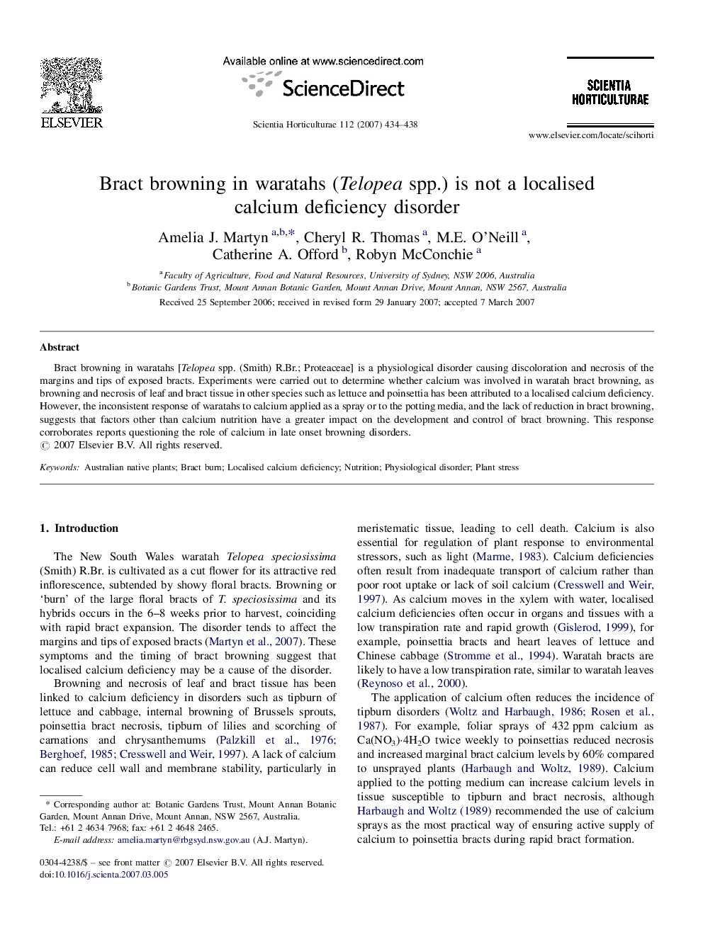 Bract browning in waratahs (Telopea spp.) is not a localised calcium deficiency disorder