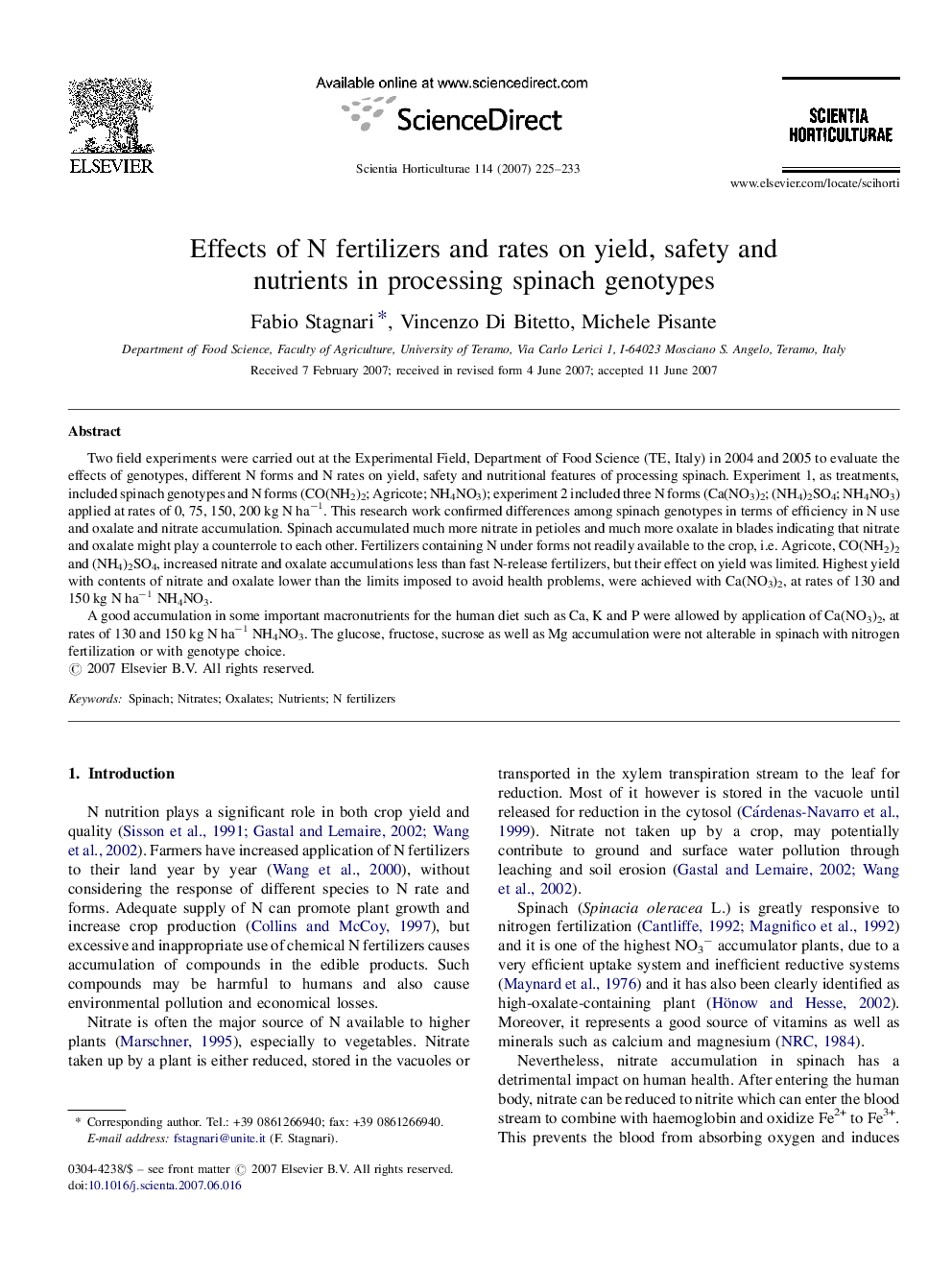 Effects of N fertilizers and rates on yield, safety and nutrients in processing spinach genotypes