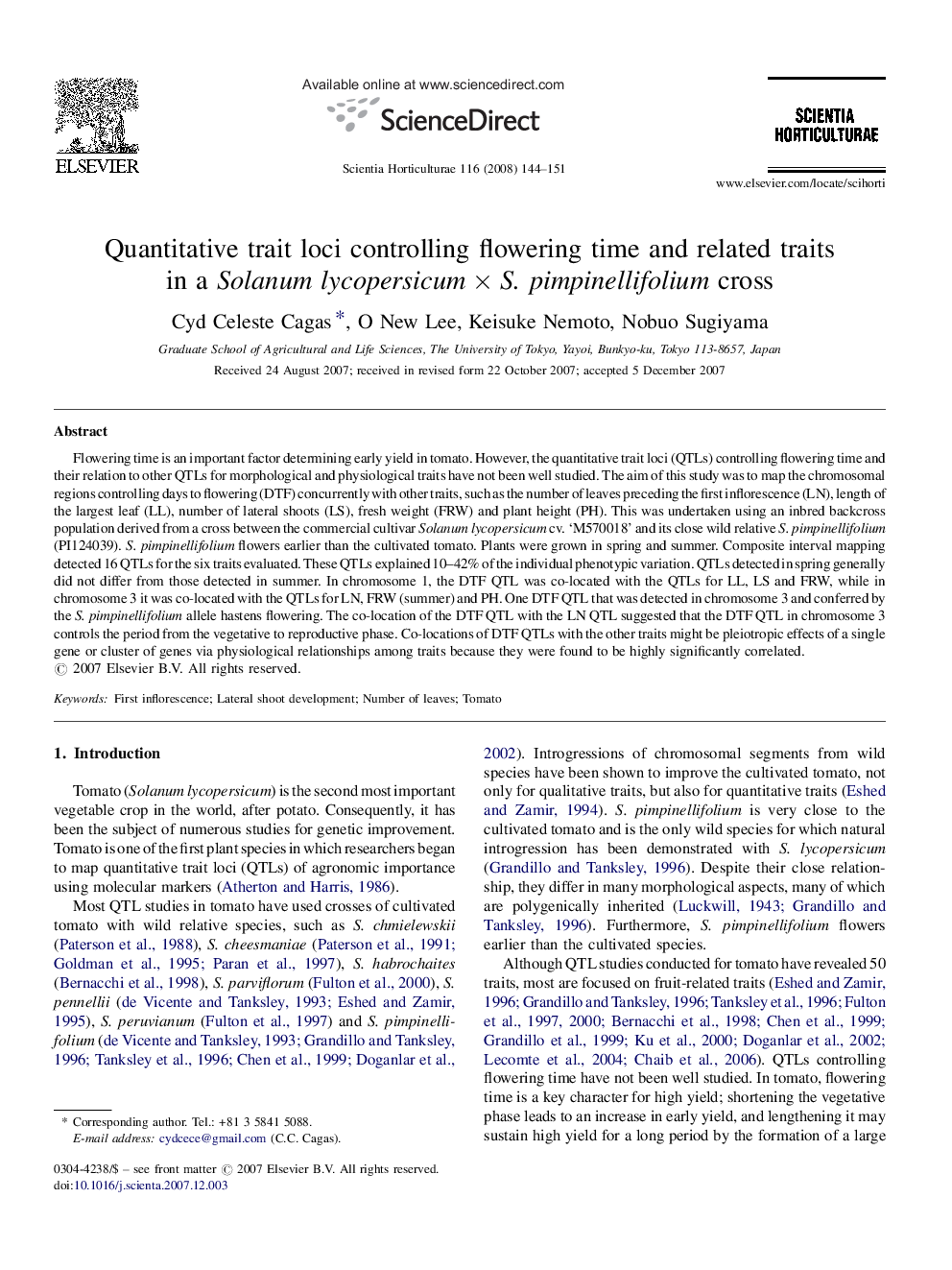 Quantitative trait loci controlling flowering time and related traits in a Solanum lycopersicumÂ ÃÂ S. pimpinellifolium cross