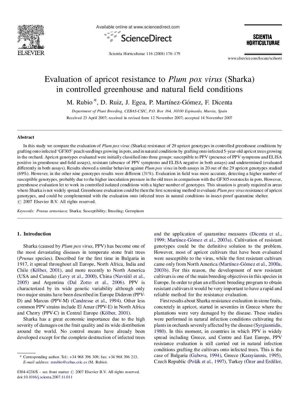 Evaluation of apricot resistance to Plum pox virus (Sharka) in controlled greenhouse and natural field conditions